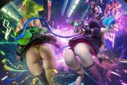 2girls arcane big_ass big_breasts big_butt blue_hair chewing_gum dat_ass green_hair gum gun jinx_(league_of_legends) league_of_legends league_of_legends:_wild_rift medium_breasts pale-skinned_female pale_skin partially_clothed sakimichan thick_thighs zeri_(league_of_legends)