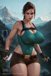 ai_generated belt big_breasts blue_shirt breasts brown_eyes brown_hair cleavage jungle lara_croft leotard long_hair short_shorts shorts thick_thighs tomb_raider zargos