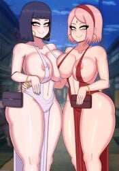 2girls alternate_breast_size areola areola_slip areolae ass big_ass big_breasts big_butt boruto:_naruto_next_generations breasts cameltoe dress drunkavocado duo ear_piercing earrings female_only green_eyes hoop_earrings huge_breasts hyuuga_hinata large_ass large_breasts looking_at_viewer milf multiple_girls naruto nipple_bulge pink_hair purple_eyes purple_hair purse revealing_clothes sakura_haruno short_hair shounen_jump tagme