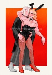 2boys alternate_costume annoyed armpit_hair blonde_hair blush body_hair bowtie bowtie_collar bulge bunny_boy bunny_ears bunny_tail bunnysuit crossdressing demon_slayer detached_collar dilf facial_hair flaccid full_body fully_clothed gay groping groping_from_behind hakama high_heels japanese_clothes kimetsu_no_yaiba looking_at_another male male_only mature_male muscular muscular_male nipple_slip pantyhose red_background rengoku_shinjurou smile standing stubble tabi two_tone_hair uzui_tengen yaoi