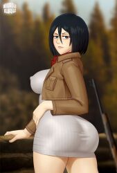 1girls asian asian_female ass attack_on_titan big_ass black_eyes black_hair breasts clothed clothed_female dat_ass erect_nipples female female_only fully_clothed huge_ass large_breasts looking_at_viewer looking_back mikasa_ackerman nipple_bulge nipples nipples_visible_through_clothing shingeki_no_kyojin solo thick_thighs whargleblargle