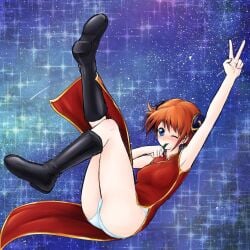 ass blue_eyes blush boots bun_cover china_dress chinese_clothes famboykq female female_only full_body gintama kagura_(gintama) looking_at_viewer orange_hair panties red_dress side_slit sleeping small_breasts solo teenager v white_panties wink