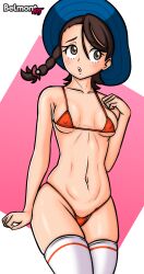 1girls belmont breasts brown_eyes brown_hair creatures_(company) female game_freak hat headwear human juliana_(pokemon) legwear medium_breasts micro_bikini nintendo pale_skin pokemon pokemon_sv side_braid solo standing sunhat swimwear thick_thighs thighhighs thighs thong