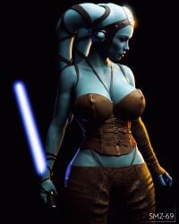 1girls 3d aayla_secura alien alien_girl artist_name athletic athletic_female big_breasts blue_skin close-up female female_only fit fit_female fully_clothed humanoid jedi large_breasts leather lekku lightsaber smz-69 solo star_wars thong tight_clothing twi'lek whale_tail