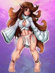 bare_legs barefoot black_sclera breasts brown_hair charlotte_mors elf_ears elf_female eyelashes feet female female_only hairclip long_hair midriff oc original_character pinup pointy_ears reliusmax short tattoo thick_legs thick_lips thick_thighs toes