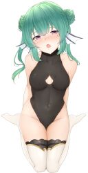 black_bodysuit bodysuit boob_window collarbone female female_focus female_only finana_ryugu finana_ryugu_(2nd_costume) fish_girl green_hair medium_breasts nijisanji nijisanji_en open_mouth purple_eyes thighhighs thighs tight_clothing virtual_youtuber wet wet_clothes white_thighhighs