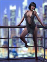 1girls 3d athletic_female balcony black_hair brown_eyes city_background cityscape dress high_heels huge_breasts human inviting lazygunns looking_at_viewer medium_hair open_toe_shoes original original_character revealing_clothes