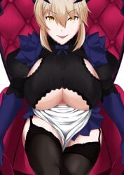 1girls 2020 absurdres artoria_pendragon artoria_pendragon_(lancer_alter) bangs black_legwear blonde_hair breasts chair eyebrows_visible_through_hair fate/grand_order fate_(series) female female female_focus female_only from_above garter_straps hair_between_eyes highres horns large_breasts looking_at_viewer open_mouth sideboob sidelocks solo solo_female thighhighs thighs underboob warden_(jadol_9) yellow_eyes