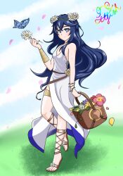 1girls alternate_costume bare_legs basket blue_eyes blue_hair breasts butterfly cleavage ctl_fish female female_only fire_emblem fire_emblem_awakening fire_emblem_heroes flower hair_flower head_wreath long_hair looking_at_viewer lucina_(fire_emblem) lucina_(valentine)_(fire_emblem) nintendo official_alternate_costume small_breasts smile solo symbol-shaped_pupils