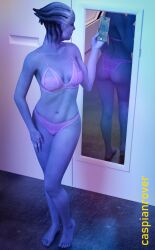 1girls 3d alien alien_girl artist_name ass athletic_female bioware bra caspianrover female female_only liara_t'soni lingerie mass_effect mirror mirror_selfie nonude normandy_sr-2 panties purple_panties purple_skin sci-fi selfie solo space