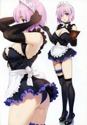 ass cleavage elbow_gloves fate_(series) female gloves hair_between_eyes high_heels large_breasts long_sleeves maid maid_headdress maid_outfit maid_uniform mash_kyrielight miniskirt no_bra open_mouth orange_maru panties pink_hair purple_hair short_hair sleeves_past_elbows thick_thighs thigh_strap thighhighs thighs uncensored underwear yang-do