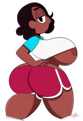 1girls areola areola_slip areolae ass athletic_shorts big_ass big_breasts big_butt black_hair booty_shorts bottomwear breasts cartoon_network clothing connie_maheswaran dark-skinned_female dark_skin dolphin_shorts human large_ass large_breasts looking_at_viewer looking_back melanin nipple_slip nipples ota_(artist) short_hair shorts simple_background solo solo_female sportswear steven_universe teen_girl underboob white_background