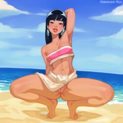 arm_up armpit bandeau bikini black_hair chel latina loincloth marmalademum medium_breasts no_panties pussy squatting tagme the_road_to_el_dorado vulva