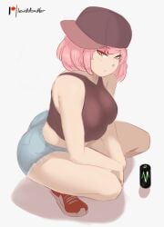 1girls 2020s 2022 ass baseball_cap big_ass big_breasts big_butt bird's-eye_view black_topwear blank_stare blue_bottomwear breasts cap curvy denim_shorts digital_art doki_doki_literature_club drink_can eyebrows_visible_through_hair eyebrows_visible_through_hat fat_ass female female_focus female_only hat headwear human jean_shorts jpeg kneeling large_ass large_breasts lewddoodler light-skinned_female light_skin looking_at_viewer manga natsuki_(doki_doki_literature_club) pink_eyes pink_hair short_hair shorts side_view sideways_baseball_cap sideways_hat simple_background sneakers solo solo_female squatting tagme tank_top thick_thighs thighs tomboy two_tone_hat voluptuous watermark white_background