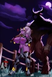 1boy 1girls big_breasts big_penis bovine breasts cow cum elf elf_ears elf_female female fur hand_on_hip high_heels hooves huge_breasts imminent_rape imminent_sex leaking_cum male manaworld minotaur nipples penis pointy_ears purple_eyes purple_skin red_eyes rhydwyn shinrhydwyn syx white_hair