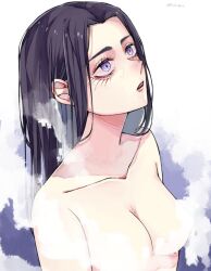 attack_on_titan black_hair blue_eyes breasts dark_blue_hair frieda_reiss nude pale-skinned_female petite shingeki_no_kyojin steam titan_marks uoxz violet_eyes