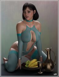 1girls 3d barefoot black_hair chalice femsub fruit green_eyes harem_girl harem_outfit huge_breasts kneeling lazygunns leash looking_at_viewer medium_hair nipples_visible_through_clothing pitcher revealing_clothes slave slave_collar slave_outfit slavegirl submissive_female voluptuous