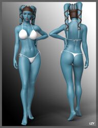 1girls 3d aayla_secura alien_girl ass athletic_female bikini blue_skin brown_eyes cleavage front_and_back large_breasts lazygunns star_wars twi'lek