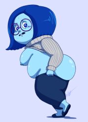 1girls ass belly big_ass big_butt blue_eyes blue_hair blue_skin blushing blushing_at_viewer breasts buckteeth disney fat female female_focus female_only inside_out looking_at_viewer nipples pants_down pixar sadness_(inside_out) shirt_lift short_hair shortstack simple_background solo solo_female solo_focus struggling sweater sweating thick_thighs timoteihiv