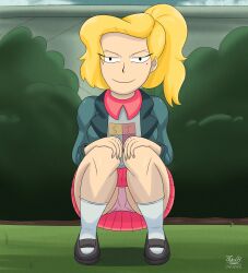 1girls amphibia crouching disney disney_channel disney_xd female_only fully_clothed hand_on_knee julex93 mary_janes outdoors panties ponytail sasha_waybright school_uniform signature solo solo_female solo_focus staring_at_viewer straight_hair underskirt