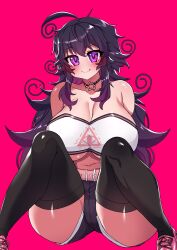 big_breasts choker cleavage crawling_dreams curvy dark_hair denim_shorts huge_breasts long_hair looking_at_viewer mature_female midriff nyarla_(crawling_dreams) osiimi purple_eyes shorts sitting strapless thick_thighs thighhighs