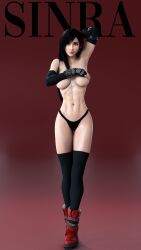 1girls 3d abs alternate_version_available athletic black_hair boots covering_breasts earrings elbow_gloves female female_only final_fantasy final_fantasy_vii final_fantasy_vii_remake fit fit_female full_body glistening gloves hands_behind_head human large_breasts leeterr light-skinned_female long_hair looking_at_viewer modeling no_bra pale_skin panties posing red_eyes shinra shiny_skin smile solo thighhighs tifa_lockhart topless underboob underwear underwear_only wet wet_skin