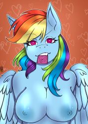 anthro big_breasts breasts condom condom_in_mouth equid equine eye_contact eyelashes fangs female friendship_is_magic hair hasbro hi_res looking_at_another mammal multicolored_hair my_little_pony natt333 pegasus rainbow_dash_(mlp) rainbow_hair sexual_barrier_device solo straight_hair teeth_visible wings