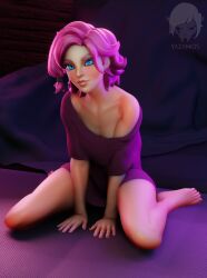 1girls 3d barefoot blue_eyes blush cat_eyes clothed clothed_female feet female female_only hi-rez_studios imminent_sex light-skinned_female light_skin looking_at_viewer maeve_(paladins) nail_polish on_bed paladins pink_hair small_breasts solo solo_female toenail_polish toes watermark yazanios