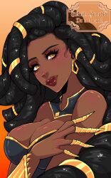 1girls 2d bare_shoulders big_breasts black_hair breasts cleavage cute dark-skinned_female dark_skin dreadlocks earrings eye_contact female female_focus female_only fruit_succubus glossy hi-rez_studios imani_(paladins) large_breasts long_hair looking_at_viewer makeup paladins solo solo_female yellow_eyes