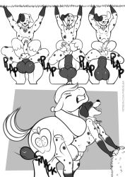 anal anal_sex animal_genitalia animal_penis anthro anthro_on_feral anthro_penetrated balls balls_deep big_balls big_macintosh_(mlp) big_penis canid canine canis clenched_teeth closed_eyes collar collar_only comic cutie_mark dalmatian doggy_style domestic_dog duo earth_pony english_text equid equine equine_penis erection feral feral_penetrating feral_penetrating_anthro freckles_(artist) friendship_is_magic from_behind_position gay genitals hair hasbro horse huge_cock humanoid_genitalia humanoid_penis interspecies lunares_(freckles) male male/male male_penetrated male_penetrating male_penetrating_male mammal monochrome multicolored_body my_little_pony nude onomatopoeia open_mouth penetration penis pony sex smile sound_effects spots spotted_body stomach_bulge teeth text tongue tongue_out two_tone_body zoophilia