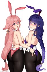 2022 2girls ass ass_focus back back_view backless_outfit blush braided_hair breasts bunny_ears bunny_girl bunnysuit double_ass_focus female female_only fox_ears fox_girl genshin_impact hioyami hips kitsune large_ass large_breasts long_hair looking_at_viewer looking_back looking_over_shoulder pink_hair pink_leotard purple_eyes purple_hair purple_leotard raiden_shogun simple_background slim_waist smile thick_thighs thighs tight_clothing tight_fit tights very_long_hair white_background wide_hips yae_miko