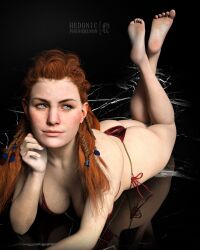1girls 3d 3d_(artwork) aloy alternate_breast_size ass bare_arms bare_ass bare_back bare_legs bare_shoulders bare_thighs barefoot bikini bikini_bottom bikini_top blue_eyes braided_hair breasts cleavage feet feet_together feet_up female female_focus female_only freckles hedonicphenomenon hi_res horizon_zero_dawn long_hair looking_away lying lying_on_stomach medium_breasts on_stomach realistic red_hair reflection side-tie_bikini simple_background soles solo solo_female solo_focus sony_interactive_entertainment swimsuit the_pose toes