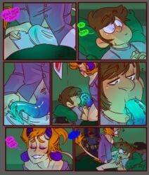 bedroom black_eyes blue_penis brown_hair caught caught_in_the_act comic comic_page edd_(eddsworld) eddsworld gay gay_blowjob gay_sex ginger_hair male male_only matt_(eddsworld) mattedd monster monster_boy orange_hair purple_penis tail