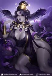 1girls 2022 black_hair breasts cleavage clothed clothing female female_only greek_mythology grey_skin hades_(game) large_breasts looking_at_viewer luminyu nyx_(hades) sitting solo solo_female thick_thighs wide_hips yellow_eyes