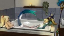 2girls 3d bath bath_tub bathtub bbdworks blonde blonde_hair crossover female hot_tub human interspecies league_of_legends marai mermaid metroid monster_girl nami_(league_of_legends) ponytail relaxing request samus_aran sarah_bryant_(model) sfm soap soap_bubbles soapy staff wet yuri