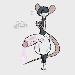 anthro black_hair clothing coffee_mug condom filled_condom genitals hair heart hyper hyper_genitalia male male/male mammal meme meme_clothing mouse murid murine rodent sexual_barrier_device shuffy shuffy_(character) solo sweater tippy_toes topwear virgin_killer_sweater