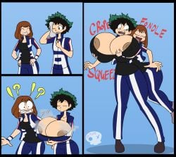 1boy 1girls areolae areolae_slip ass_expansion big_breasts breast_expansion busty busty_boy busty_boy_on_female da-fuze freckles freckles_on_breasts gender_transformation huge_ass huge_breasts izuku_midoriya mtf_transformation my_hero_academia nipple_slip nipples ochako_uraraka thick_thighs thigh_expansion transformation wide_hips