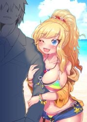 1boy bangs bare_shoulders beach belt bikini blonde_hair blue_bikini blue_eyes blue_shorts blush breasts brown_belt cloud collarbone day denim denim_shorts eyebrows_visible_through_hair female green_bikini gyaru hair_ornament highres idolmaster idolmaster_cinderella_girls jacket jewelry large_breasts long_hair mu_inochi multicolored_bikini multicolored_clothes navel necklace necktie off_shoulder one_eye_closed ootsuki_yui open_fly ponytail producer_(idolmaster) red_bikini short_hair short_shorts shorts smile solo_focus star_(symbol) swimsuit water wavy_hair yellow_bikini yellow_jacket