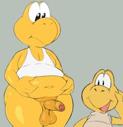 anthro balls bottomless clothed clothing duo erection foreskin genitals holding_belly humanoid_genitalia humanoid_penis koopa koopa_troopa male male_only mario_(series) navel nintendo nokemop overweight overweight_male penis reptile scalie standing topwear turtle video_games