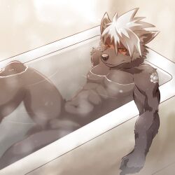 1boy balls bath canid canine canis domestic_dog genitals hair hi_res lifewonders male male_only mammal nikuanabe1998 nipples penis solo tadatomo tokyo_afterschool_summoners video_games water white_hair