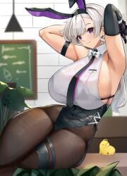 1girls 2021 absurdres animal_ears armpits arms_behind_head arms_up azur_lane backless_leotard bangs black_leotard blush breasts brown_legwear cromwellb fake_animal_ears female female female_focus female_only grey_hair highleg highleg_leotard highres huge_breasts leotard long_hair looking_at_viewer manjuu_(azur_lane) mechanical_hands official_alternate_costume pantyhose playboy_bunny ponytail purple_eyes rabbit_ears reno_(azur_lane) reno_(reno_bunnino)_(azur_lane) see-through_shirt single_mechanical_hand solo solo_female thighs