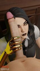 1boy 1girls black_hair female fortnite half_naked handjob long_penis marigold_(fortnite) office oral penis_on_face red-j red_lj shirt unseen_male_face window yellow_eyes