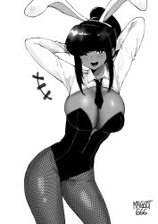 1girls anggita_putri_(norman_maggot) big_breasts black_and_white black_hair blouse breasts bunny_ears bunnysuit cleavage collared_blouse collared_shirt corset dark-skinned_female dark_skin eyelashes eyeliner female female_only fishnet_stockings fishnets long_hair makeup monochrome norman_maggot original original_character pantyhose ponytail shirt tie_collar winking