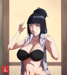 alternate_hairstyle big_breasts black_bra black_hair black_underwear bra breasts cleavage female female_only hair_bun hyuuga_hinata looking_at_viewer naruto naruto:_the_last naruto_(series) naruto_shippuden open_clothes sleeveless solo solo_female solo_focus tied_hair underwear upper_body vest vicio-kun violet_eyes