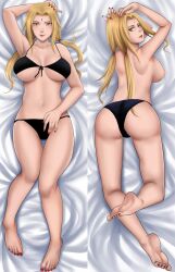 1girls ass ass_focus bare_arms bare_legs bare_shoulders barefoot bed bed_sheet bedding big_ass big_breasts big_butt bikini bikini_bottom bikini_top black_bikini black_panties black_thong blonde_female blonde_hair breasts brown_eyes busty cleavage clothing dakimakura dakimakura_design dat_ass feet female female_only foot_fetish forehead_jewel forehead_mark g-string hand_on_head large_breasts legs light-skinned_female light_skin lipstick looking_at_viewer looking_back makeup mature mature_female milf nail_polish naruto naruto_(classic) naruto_(series) naruto_shippuden on_back on_stomach painted_nails painted_toenails pale-skinned_female pale_skin panties pink_lips pink_lipstick pinup red_nail_polish red_nails red_toenails roland-gin shounen_jump skimpy skimpy_bikini soles solo thong tied_hair toe_curl toes topless topless_female tsunade twintails underboob underwear voluptuous