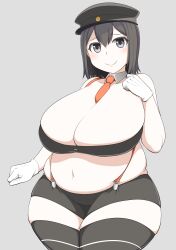 akitsu_maru_(kantai_collection) bandeau bare_shoulders between_breasts black_eyes black_hair black_legwear blush bra breasts breasts_between_suspenders cleavage deep_skin fat fat_rolls female gigantic_breasts gloves hat kantai_collection looking_at_viewer magure_senshi midriff military_hat navel necktie necktie_between_breasts obese plump sagging_breasts short_hair shorts skindentation smile solo strapless strapless_bra suspenders thighhighs underwear undressing white_gloves wide_hips