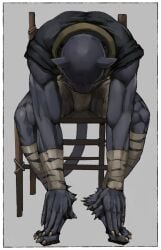 2019 anthro arm_wraps balls_outline black_body black_clothing black_ears black_fur black_head black_tail black_topwear bulge chair claws clothed clothing felid finger_claws fur fur_tuft furniture genital_outline inubiko leg_tuft leg_wraps male mammal monotone_body monotone_fur pantherine sitting solo stretching toe_claws topwear tuft underwear wraps wrist_wraps