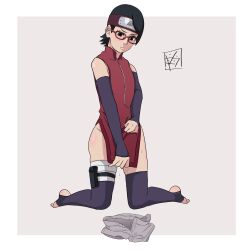 1girls aldwelter arm_warmers armwear bandage bandaged_leg black_eyes black_hair black_legwear blush boruto:_naruto_next_generations clothed clothing feet female female_focus female_only flat_chest forehead_protector glasses headband kneeling legwear light-skinned_female light_skin looking_at_viewer naruto naruto_(series) nervous no_panties on_knees petite sarada_uchiha short_hair shounen_jump shy sleeveless_shirt solo solo_female solo_focus sweat sweatdrop thighhighs toeless_legwear toeless_socks toes undressing