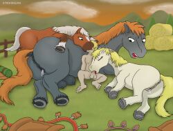 anthro bodily_fluids breath_of_the_wild brown_body closed_eyes crotchboobs cum cum_in_pussy cum_inside epona_(tloz) equid equine female feral genital_fluids grey_body group hi_res hooves horse human human_on_feral human_penetrating interspecies kissing link looking_at_another male male/female male_on_feral mammal nintendo oral strohdelfin the_legend_of_zelda video_games white_body zoophilia