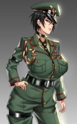 1girls anima_(togashi) big_breasts black_hair blue_eyes breasts clothed clothing curvaceous curvy curvy_body curvy_female curvy_figure female female_focus huge_breasts large_breasts military military_uniform original_character short_hair soldier solo solo_female venus_body voluptuous